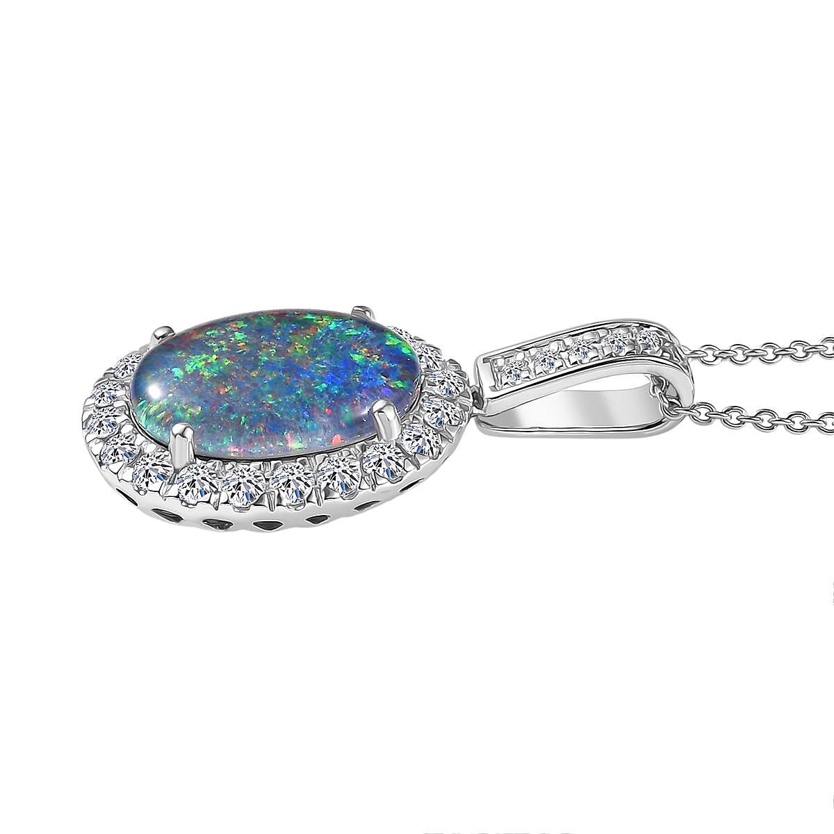 Certified & Appraised Premium Elysian Opal (Triplet) and G-H SI Luxuriant Lab Grown Diamond 4.22 ctw Halo Pendant Necklace in 10K White Gold 20 Inches image number 3