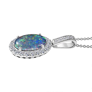 Premium Australian Black Ridge Opal Triplet and G-H SI Luxuriant Lab Grown Diamond 4.22 ctw Halo Pendant Necklace in 10K White Gold 20 Inches