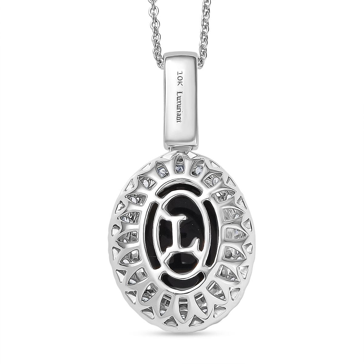 Premium Australian Black Ridge Opal Triplet and G-H SI Luxuriant Lab Grown Diamond 4.22 ctw Halo Pendant Necklace in 10K White Gold 20 Inches