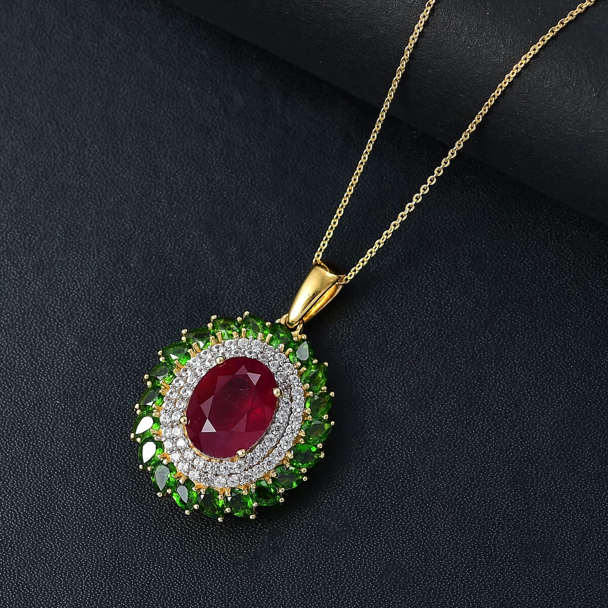 Premium Niassa Ruby (FF) and Multi Gemstone 12.75 ctw Empress of the Forest Pendant Necklace in 18K Vermeil Yellow Gold Over Sterling Silver 20 Inches image number 1