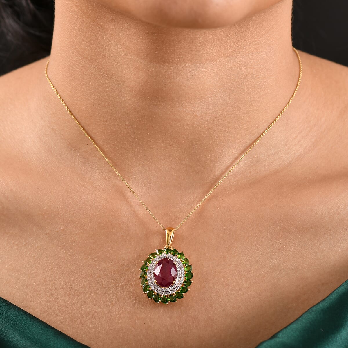 Premium Niassa Ruby (FF) and Multi Gemstone 12.75 ctw Empress of the Forest Pendant Necklace in 18K Vermeil Yellow Gold Over Sterling Silver 20 Inches image number 2