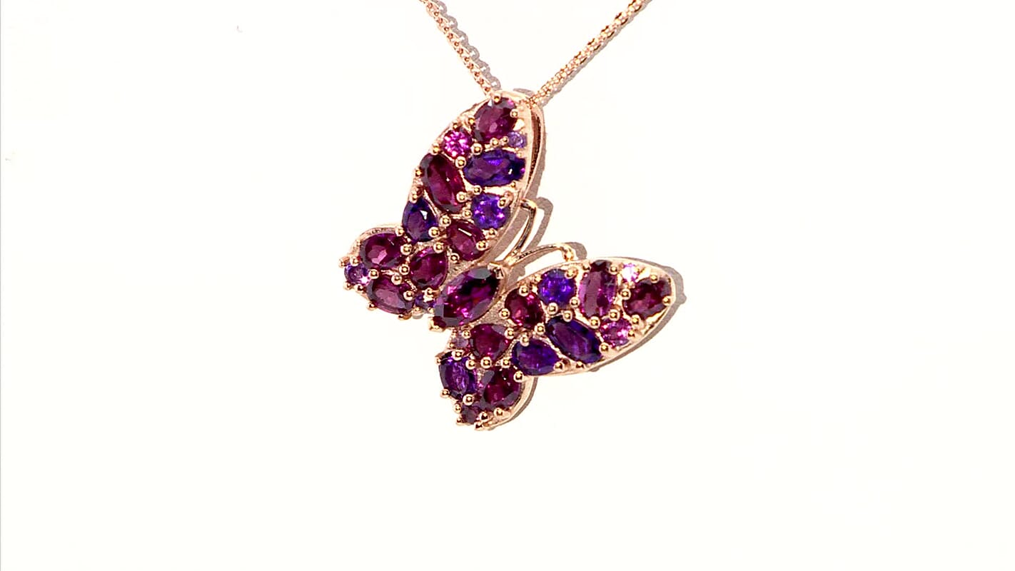 Orissa Rhodolite Garnet and African Amethyst 3.90 ctw Butterfly Pendant Necklace in 18K Vermeil Rose Gold Over Sterling Silver 20 Inches