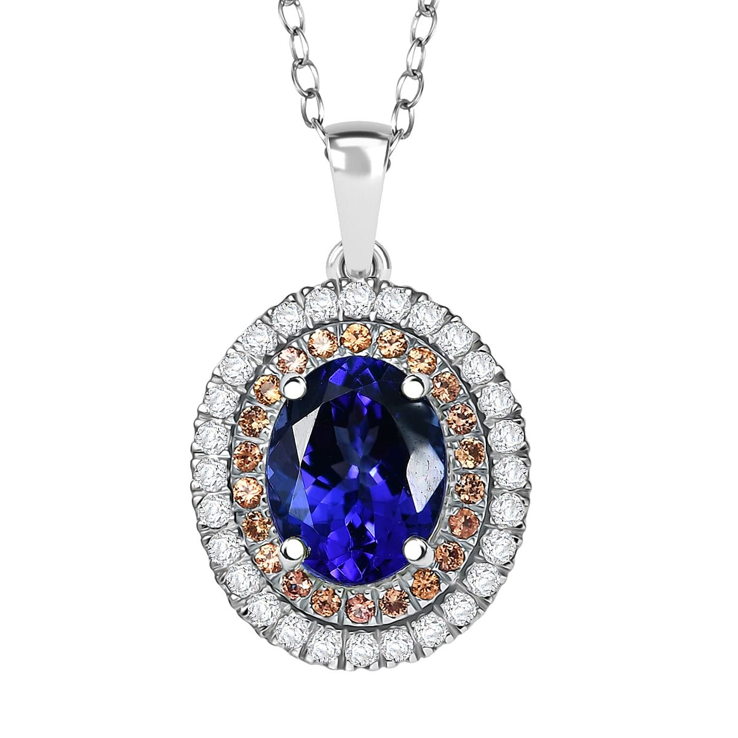 Certified & Appraised Rhapsody AAAA Tanzanite, Padparadscha Sapphire and E-F VS Diamond 3.00 ctw Pendant Necklace in 950 Platinu