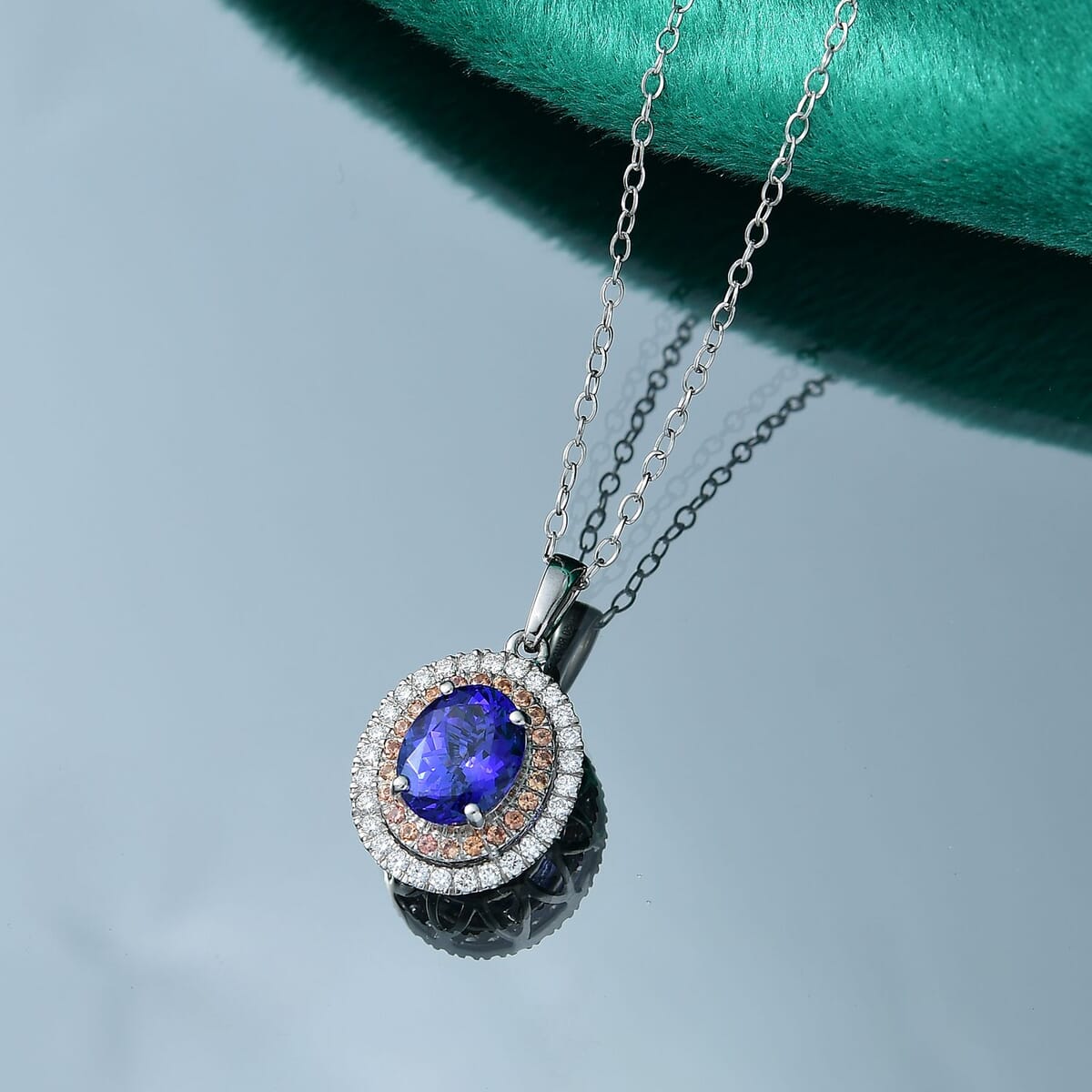Certified & Appraised Rhapsody AAAA Tanzanite, Padparadscha Sapphire and E-F VS Diamond 3.00 ctw Pendant Necklace in 950 Platinum 20 Inches  image number 1