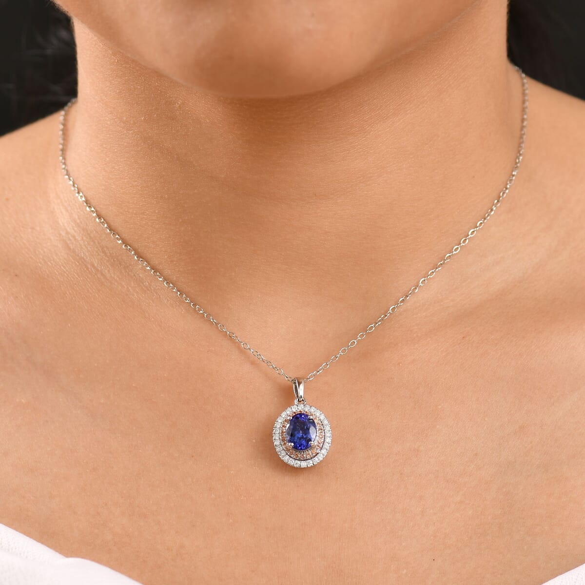 Certified & Appraised Rhapsody AAAA Tanzanite, Padparadscha Sapphire and E-F VS Diamond 3.00 ctw Pendant Necklace in 950 Platinum 20 Inches  image number 2