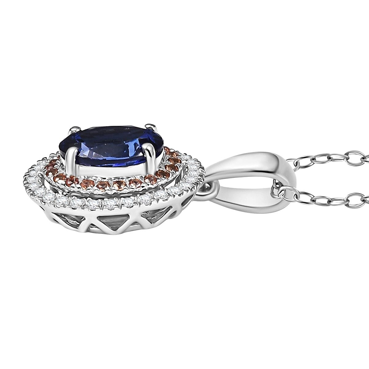 Certified & Appraised Rhapsody AAAA Tanzanite, Padparadscha Sapphire and E-F VS Diamond 3.00 ctw Pendant Necklace in 950 Platinum 20 Inches  image number 3