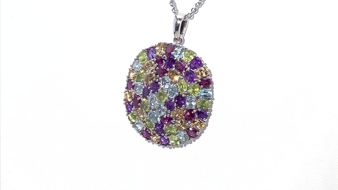 Multi Gemstone 11.35 ctw Pendant in Platinum Bond with Stainless Steel Necklace 20 Inches