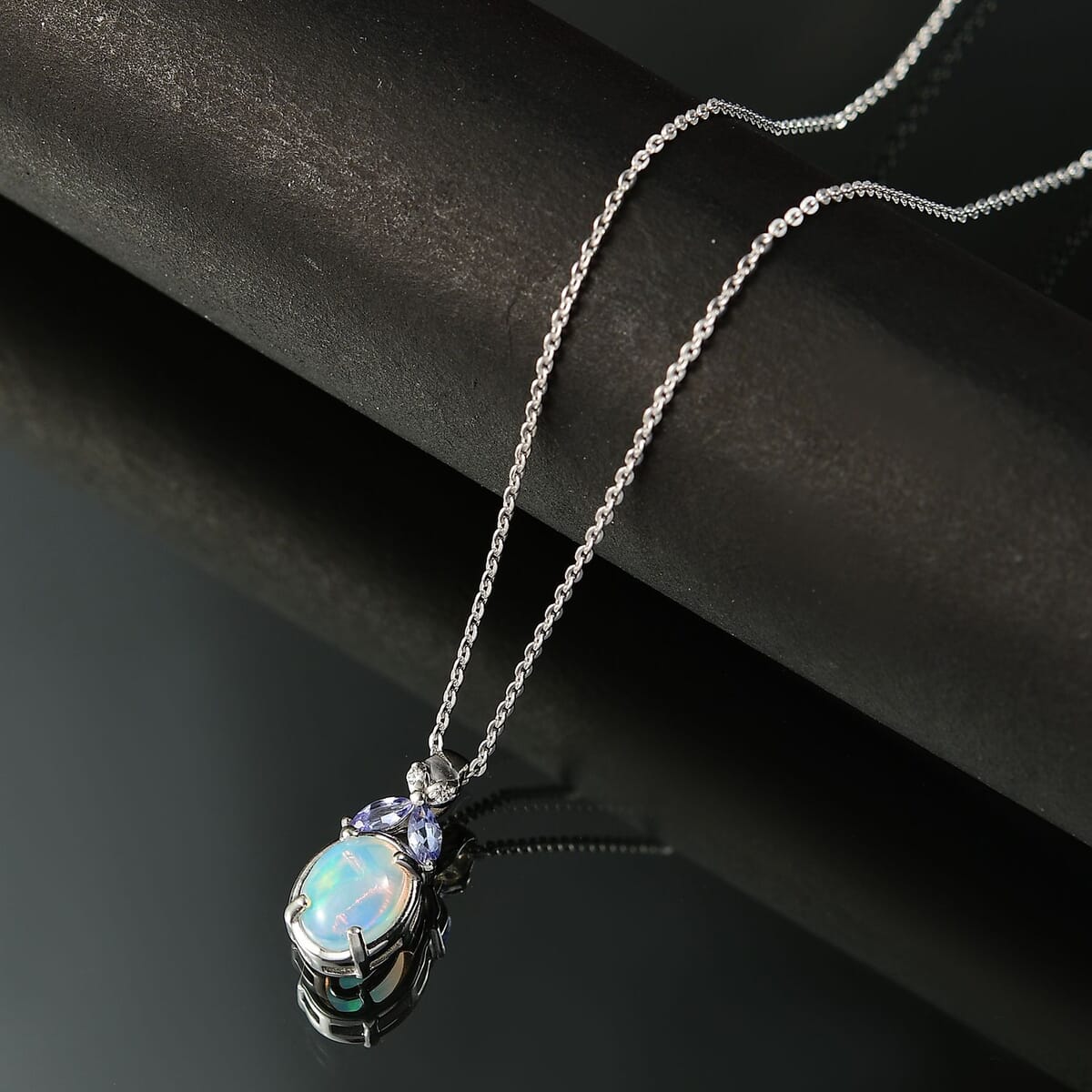 D'Joy Ethiopian Welo Opal and Multi Gemstone 1.10 ctw Pendant Necklace in Rhodium Over Sterling Silver 20 Inches image number 1