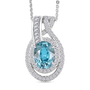 D'Joy Cambodian Blue Zircon and Moissanite 4.20 ctw Orbit Pendant Necklace 20 Inches in Rhodium Over Sterling Silver 