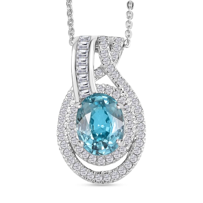 D'Joy Cambodian Blue Zircon and Moissanite 4.20 ctw Orbit Pendant Necklace 20 Inches in Rhodium Over Sterling Silver 