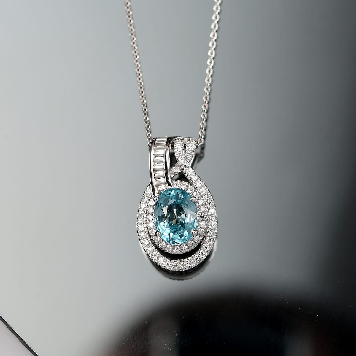 D'Joy Cambodian Blue Zircon and Moissanite 4.20 ctw Orbit Pendant Necklace 20 Inches in Rhodium Over Sterling Silver  image number 1