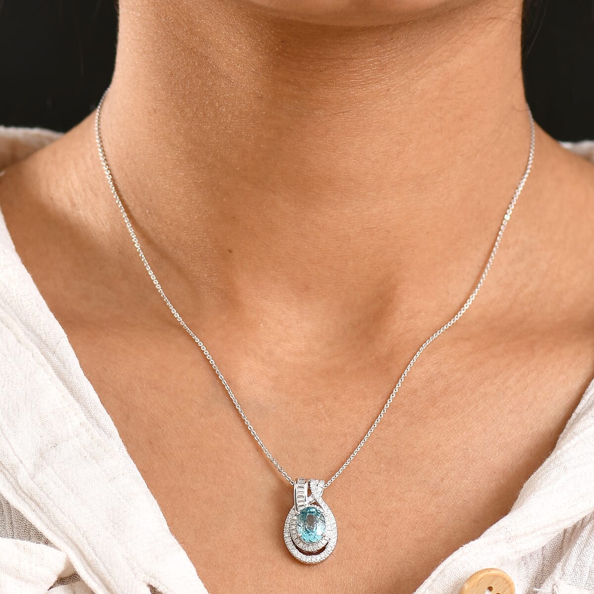 D'Joy Cambodian Blue Zircon and Moissanite 4.20 ctw Orbit Pendant Necklace 20 Inches in Rhodium Over Sterling Silver  image number 2