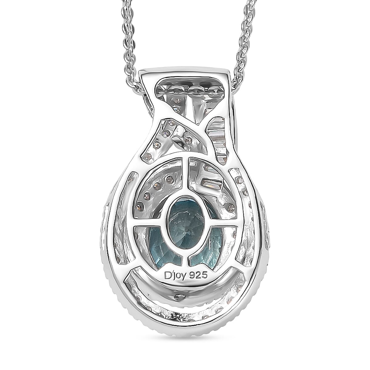 D'Joy Cambodian Blue Zircon and Moissanite 4.20 ctw Orbit Pendant Necklace 20 Inches in Rhodium Over Sterling Silver