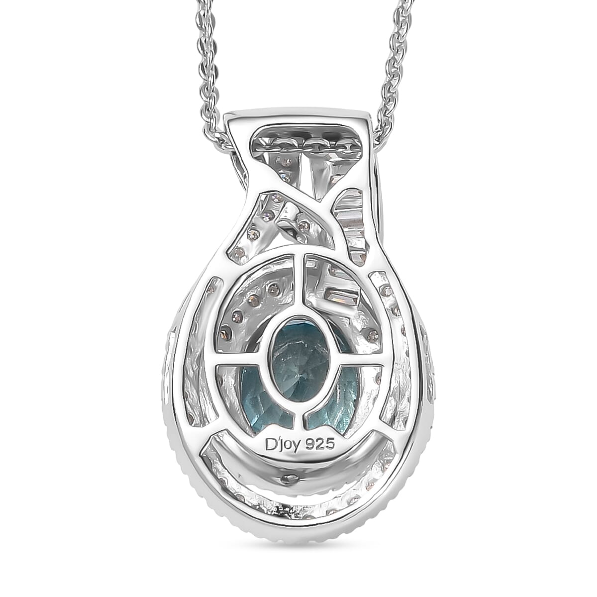 D'Joy Cambodian Blue Zircon and Moissanite 4.20 ctw Orbit Pendant Necklace 20 Inches in Rhodium Over Sterling Silver  image number 4