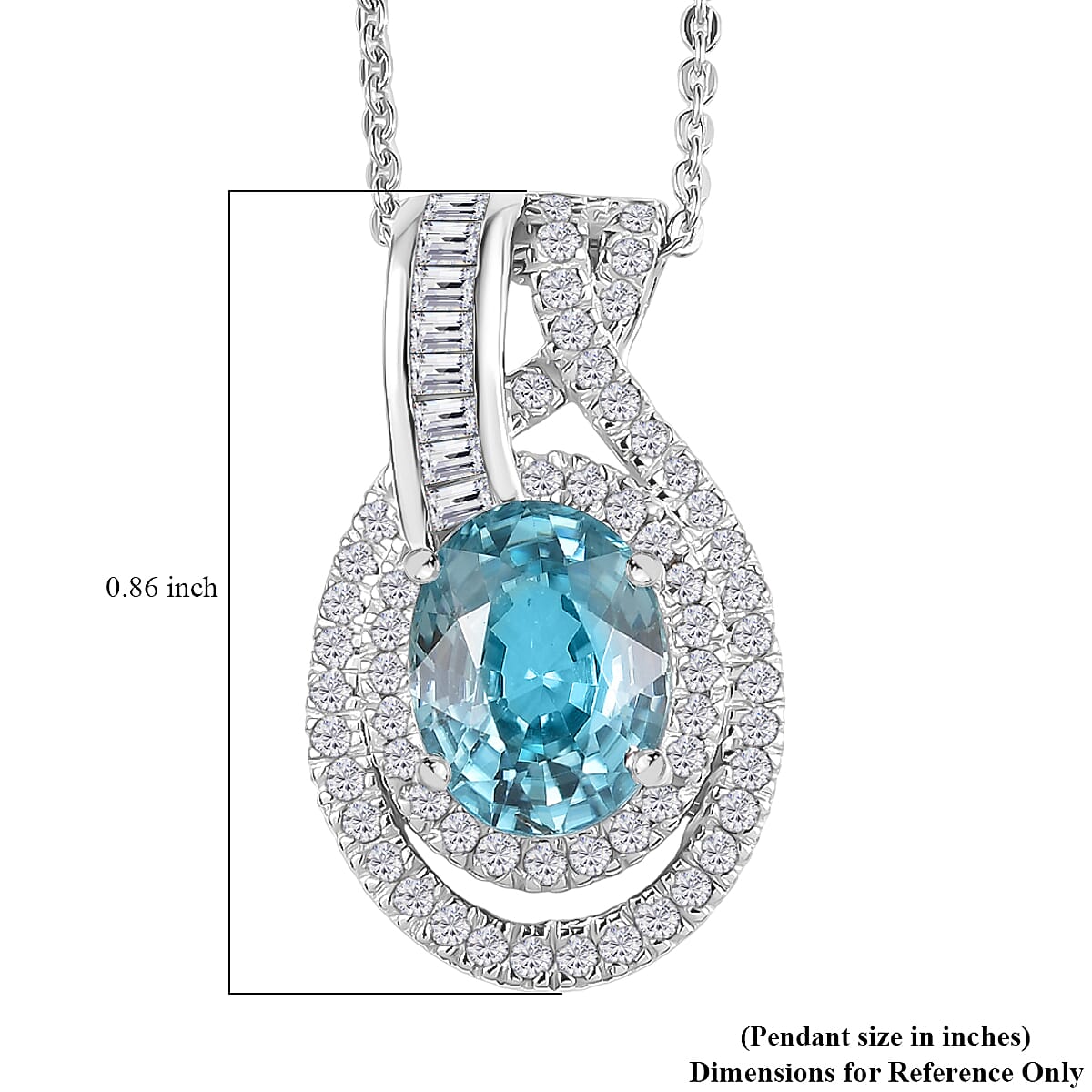 D'Joy Cambodian Blue Zircon and Moissanite 4.20 ctw Orbit Pendant Necklace 20 Inches in Rhodium Over Sterling Silver