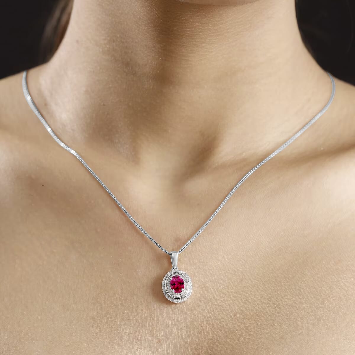 Luxoro Premium Ouro Fino Rubellite and G-H I2 Diamond Pendant Necklace in 10K White Gold 20 Inches 1.67 ctw image number 1