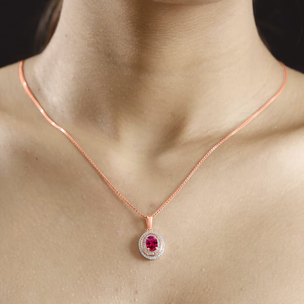 Luxoro Premium Ouro Fino Rubellite and G-H I2 Diamond 1.67 ctw Pendant Necklace in 10K Rose Gold 20 Inches image number 1
