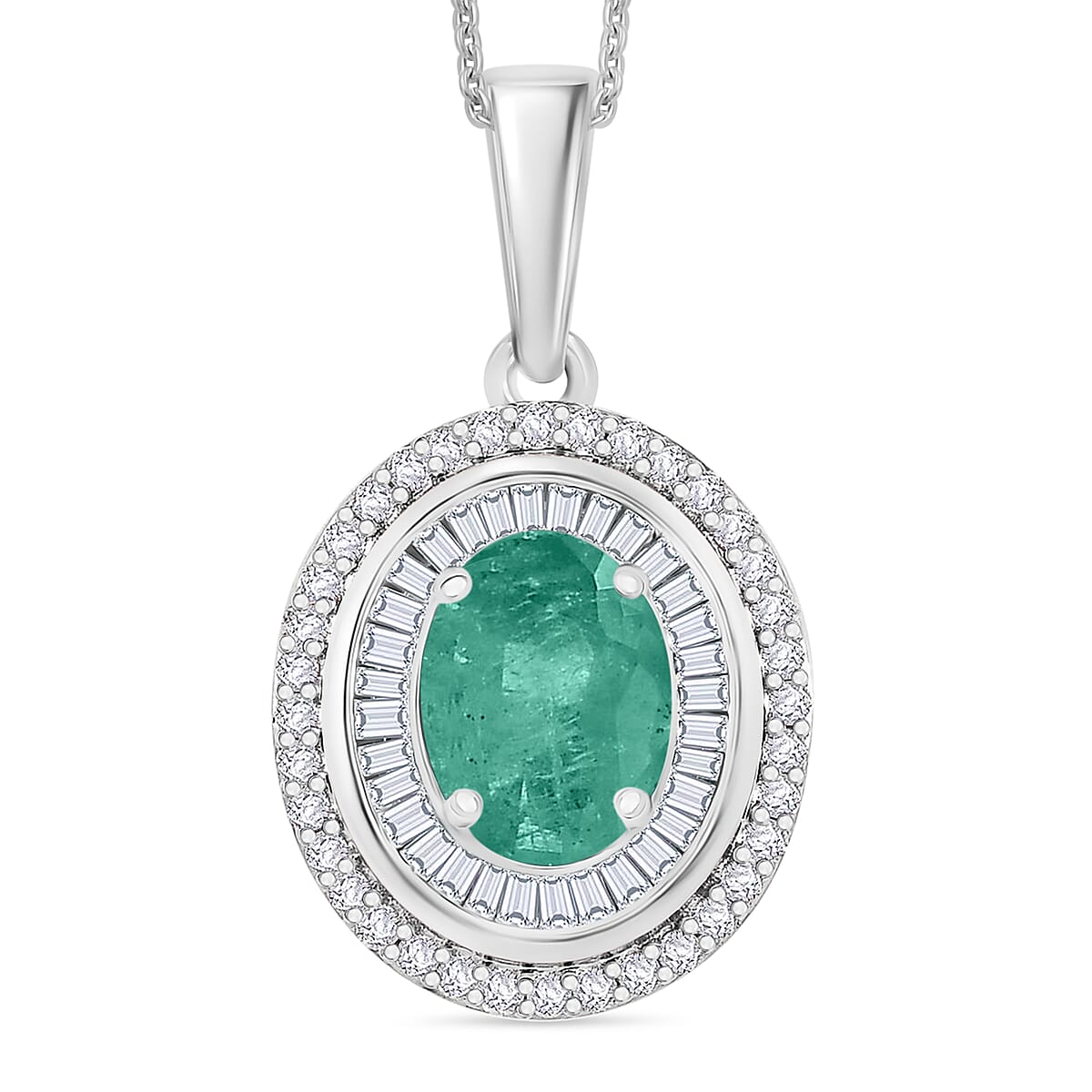 Luxoro Premium Kagem Zambian Emerald and G-H I2 Dimond 1.60 ctw Pendant Necklace in 10K White Gold 20 Inches image number 0
