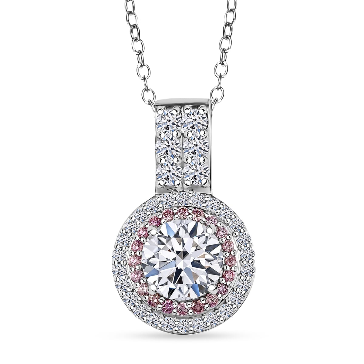 IGI Certified Luxuriant Lab Grown White and Pink Diamond VS 2.90 ctw Radiant Halo Pendant Necklace in 950 Platinum 20 Inches 7.10 Grams image number 0