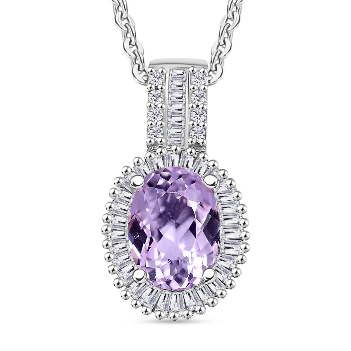 Premium Martha Rocha Kunzite and Diamond Halo Pendant Necklace in Rhodium Over Sterling Silver 20 Inches 1.73 ctw image number 0