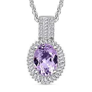 Premium Martha Rocha Kunzite and Diamond Halo Pendant Necklace in Rhodium Over Sterling Silver 20 Inches 1.73 ctw (Del. in 10-12 Days)