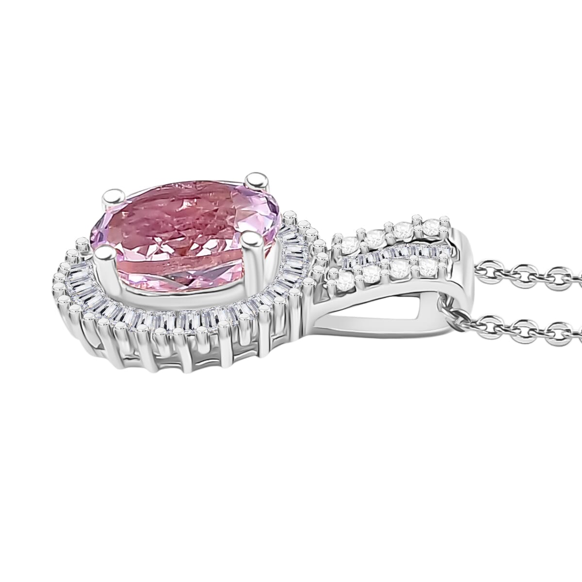 Premium Martha Rocha Kunzite and Diamond Halo Pendant Necklace in Rhodium Over Sterling Silver 20 Inches 1.73 ctw image number 2