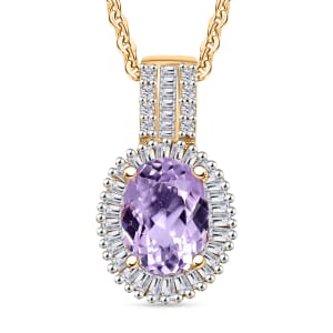 Premium Martha Rocha Kunzite and Diamond Halo Pendant Necklace in 18K Vermeil Yellow Gold Over Sterling Silver 20 Inches 1.73 ctw