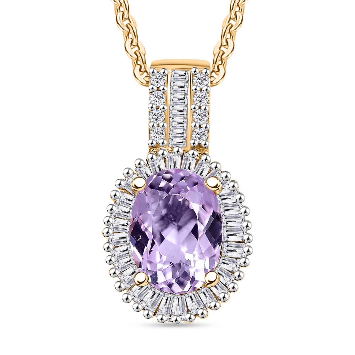 Premium Martha Rocha Kunzite and Diamond Halo Pendant Necklace in 18K Vermeil Yellow Gold Over Sterling Silver 20 Inches 1.73 ct