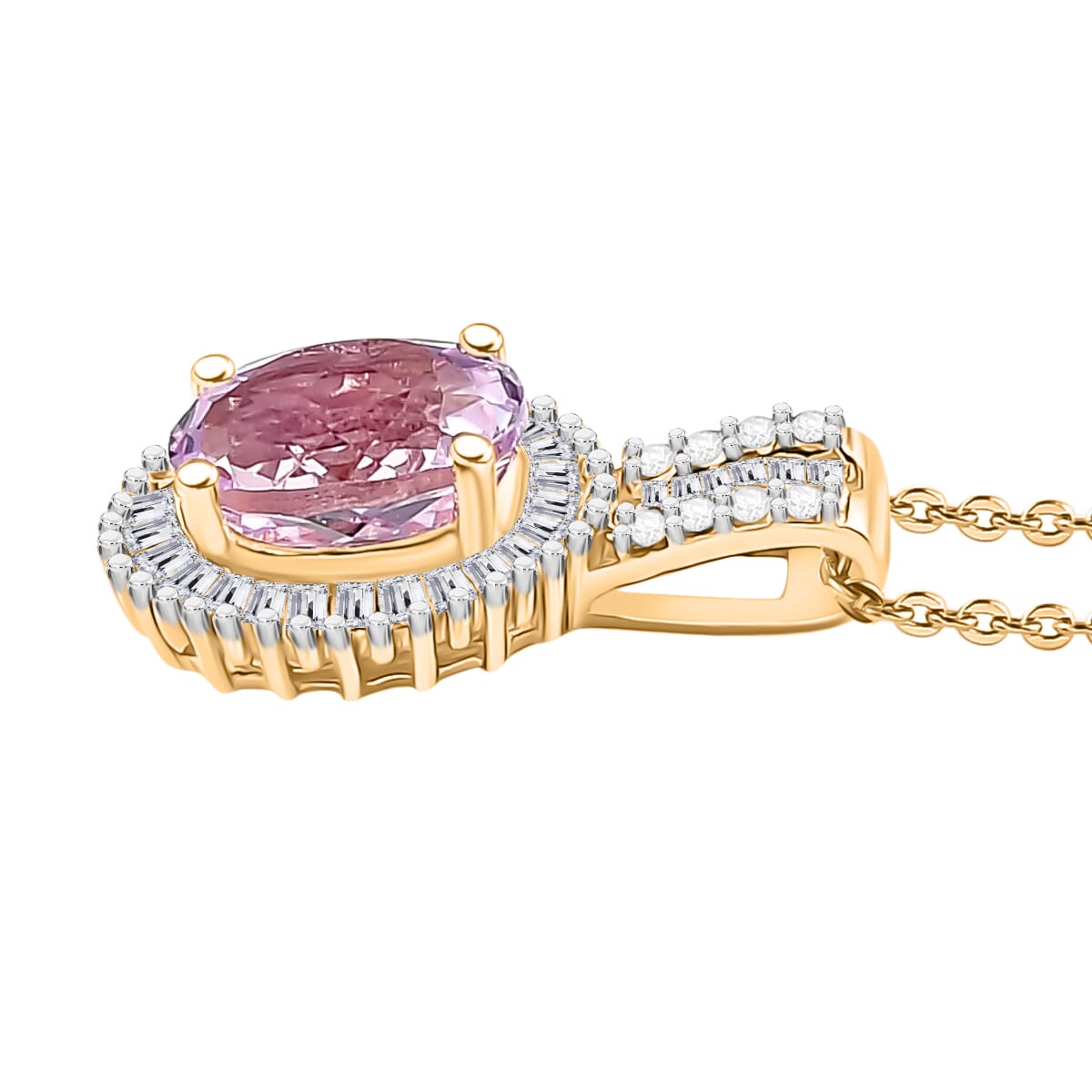 Premium Martha Rocha Kunzite and Diamond Halo Pendant Necklace in 18K Vermeil Yellow Gold Over Sterling Silver 20 Inches 1.73 ctw image number 2