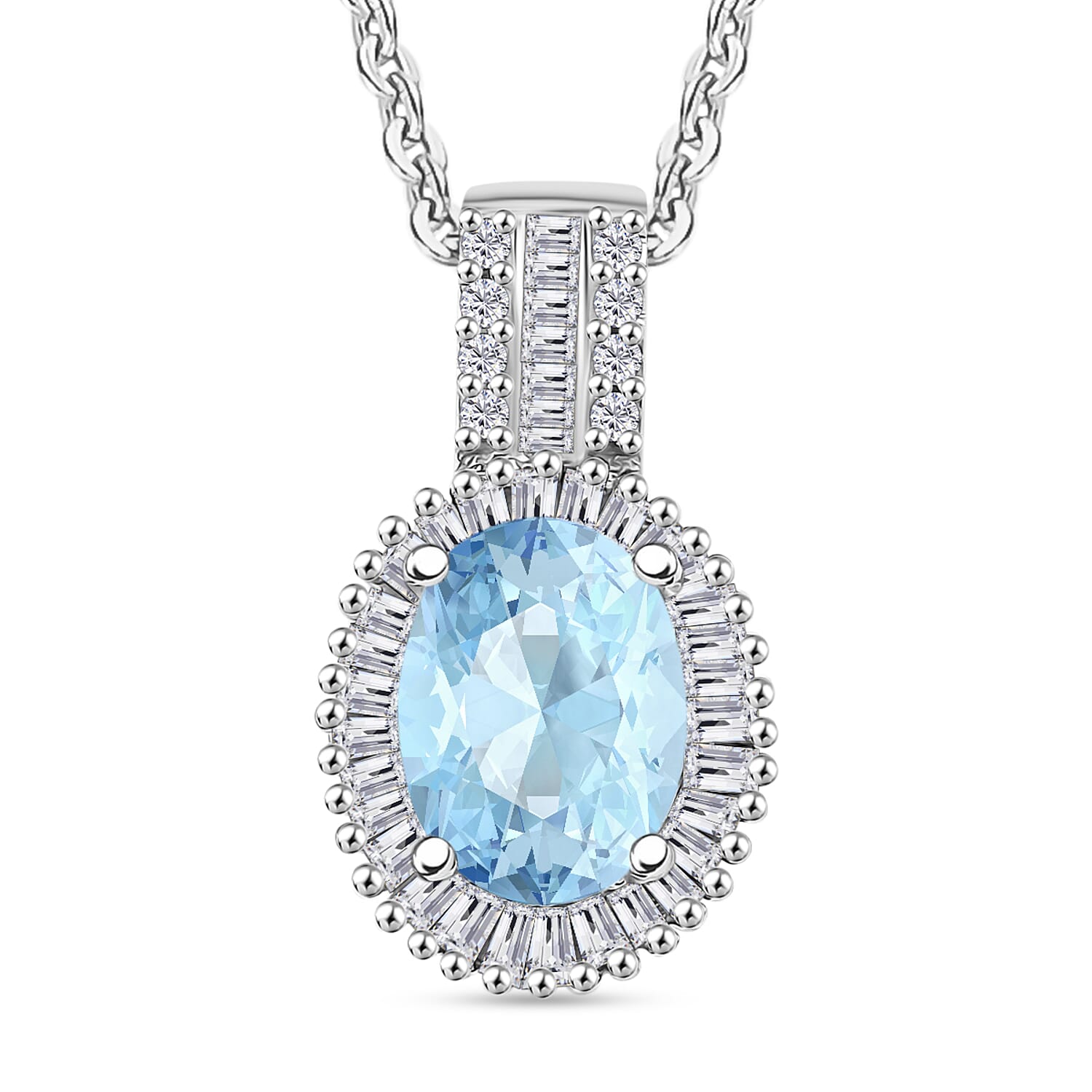 Premium Mangoro Aquamarine and Diamond Halo Pendant Necklace in Rhodium Over Sterling Silver 20 Inches 1.63 ctw