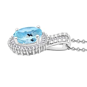 Premium Mangoro Aquamarine and Diamond Halo Pendant Necklace in Rhodium Over Sterling Silver 20 Inches 1.63 ctw (Del. in 10-12 Days)