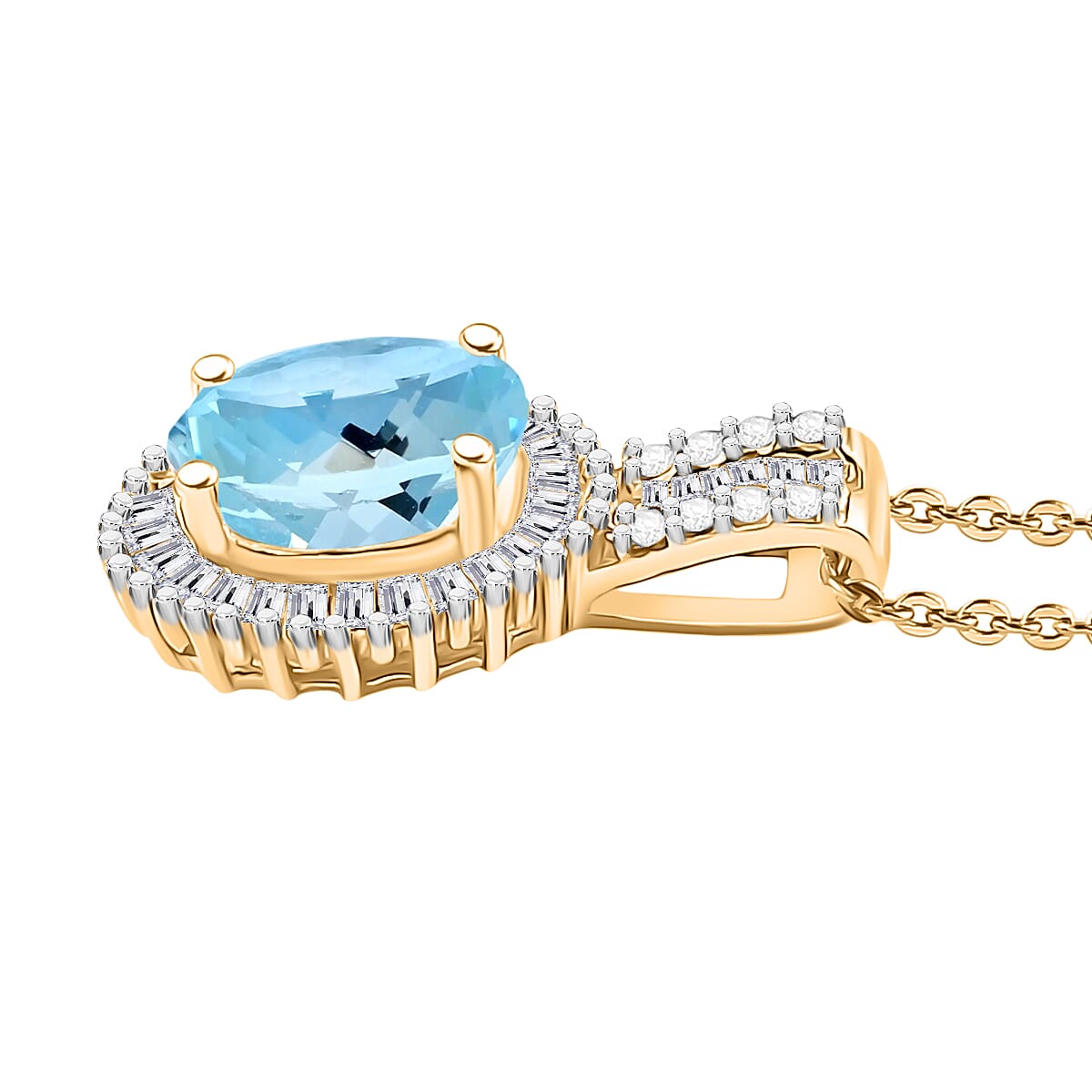 Premium Mangoro Aquamarine and Diamond Halo Pendant Necklace in 18K Vermeil Yellow Gold Over Sterling Silver 20 Inches 1.63 ctw image number 2