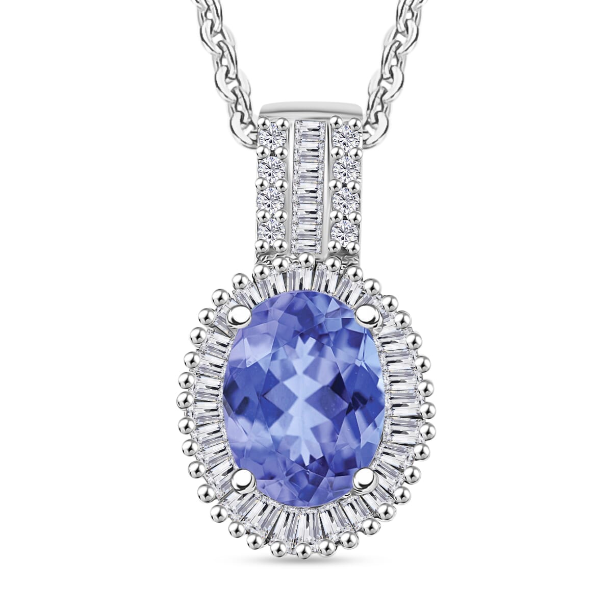 Tanzanite and Diamond Halo Pendant Necklace in Rhodium Over Sterling Silver 20 Inches 1.58 ctw image number 0