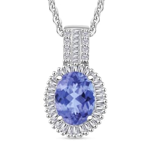 Tanzanite and Diamond Halo Pendant Necklace in Rhodium Over Sterling Silver 20 Inches 1.58 ctw
