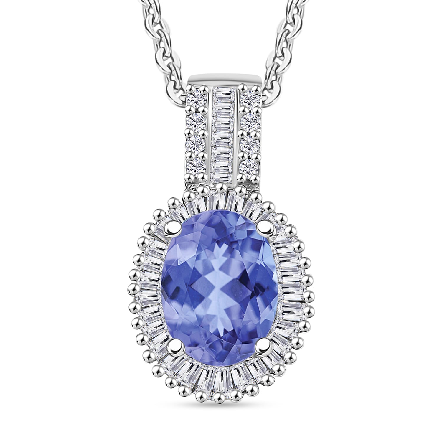 Tanzanite and Diamond Halo Pendant Necklace in Rhodium Over Sterling Silver 20 Inches 1.58 ctw