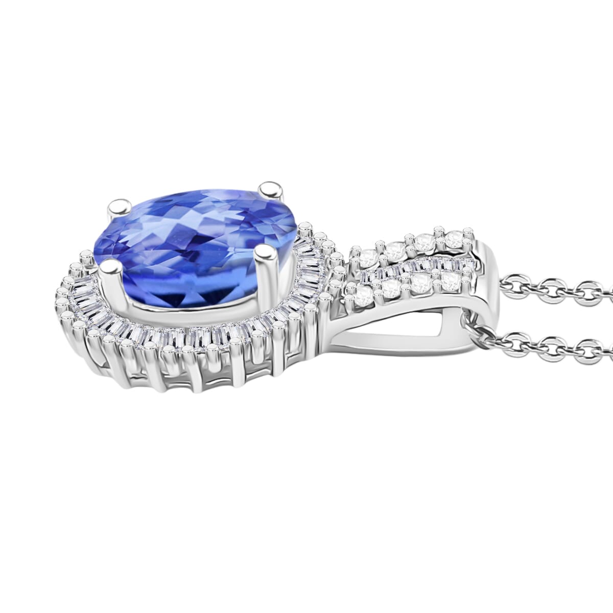 Tanzanite and Diamond Halo Pendant Necklace in Rhodium Over Sterling Silver 20 Inches 1.58 ctw image number 2