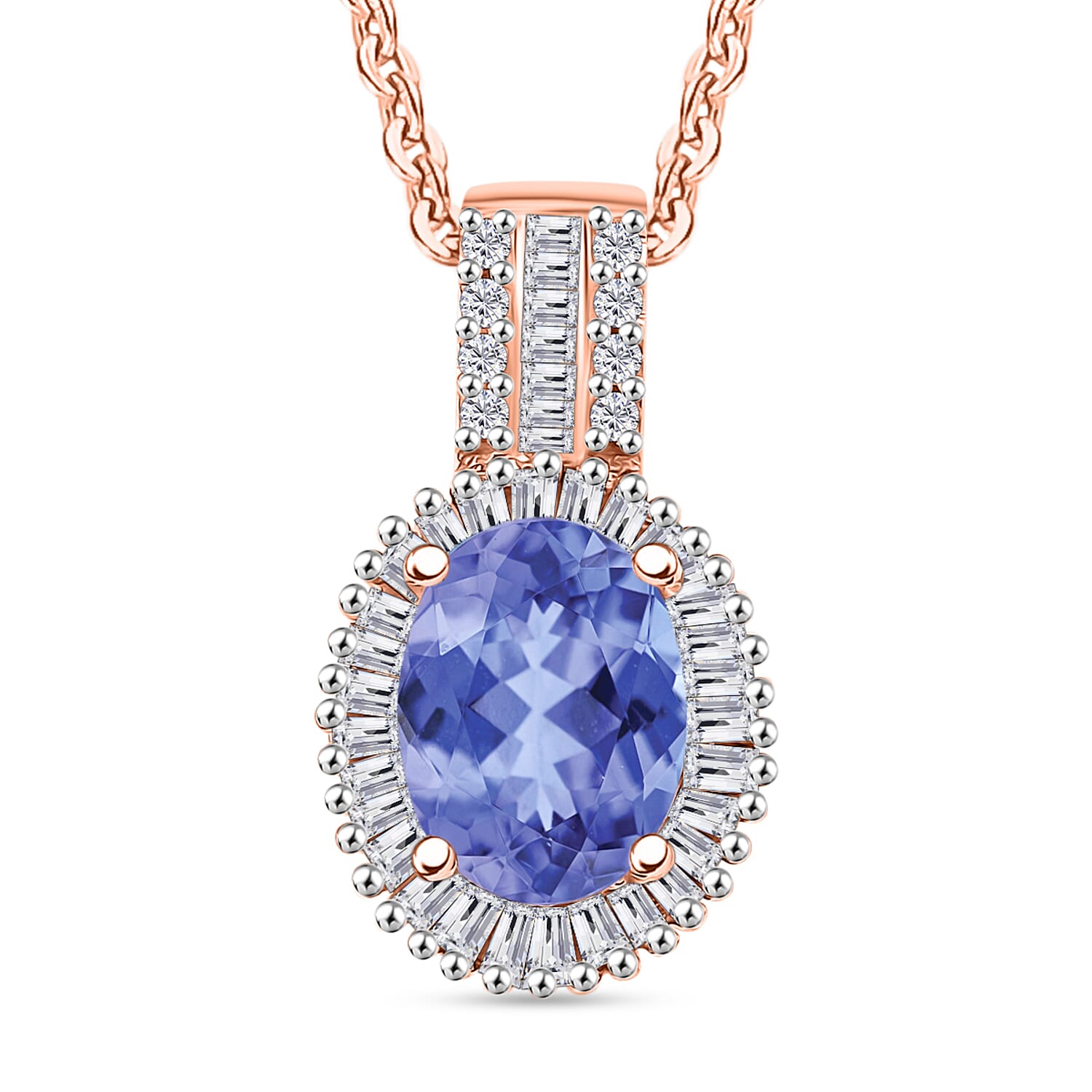 Tanzanite and Diamond Halo Pendant Necklace in 18K Vermeil Rose Gold Over Sterling Silver 20 Inches 1.58 ctw