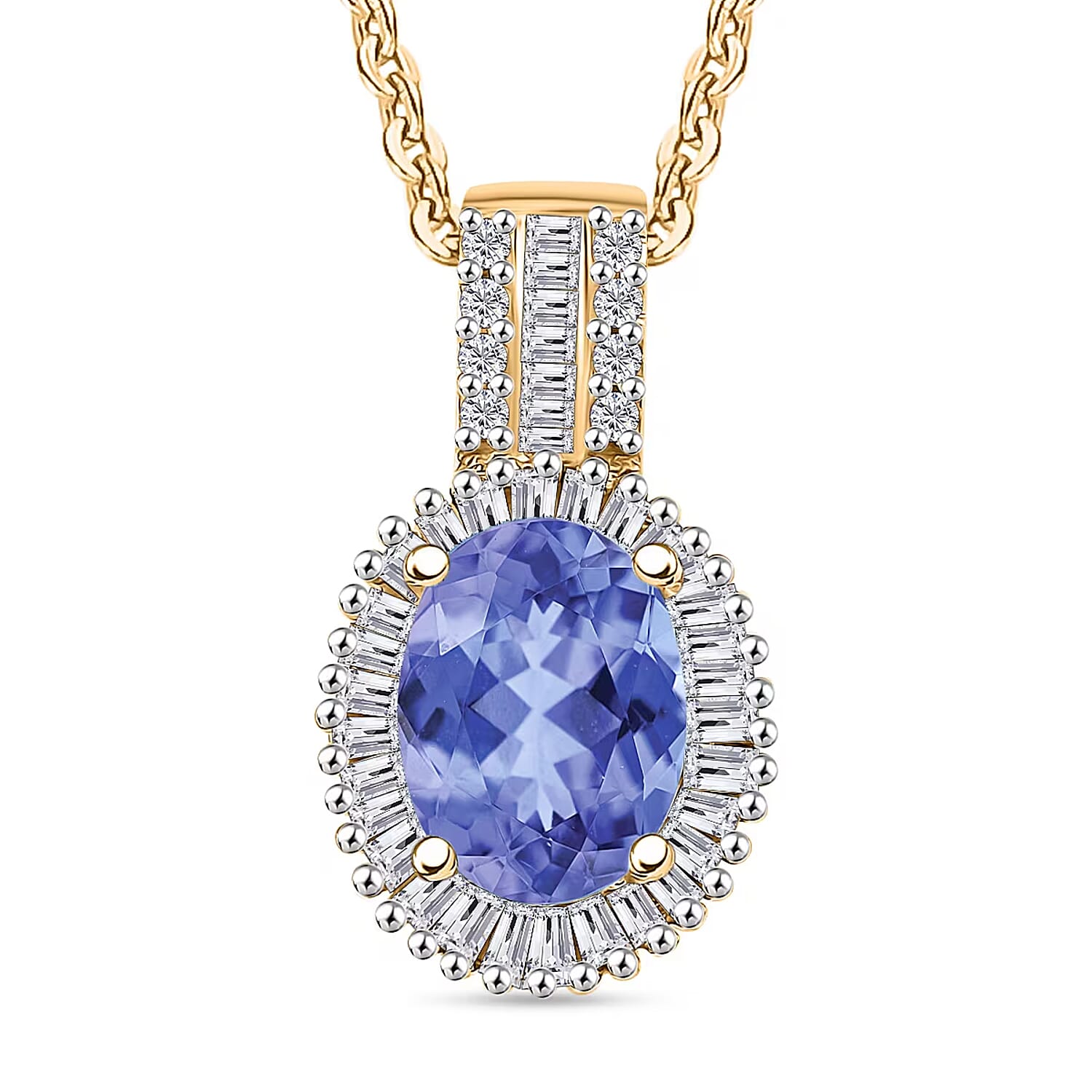 Tanzanite and Diamond Halo Pendant Necklace in 18K Vermeil Yellow Gold Over Sterling Silver 20 Inches 1.58 ctw