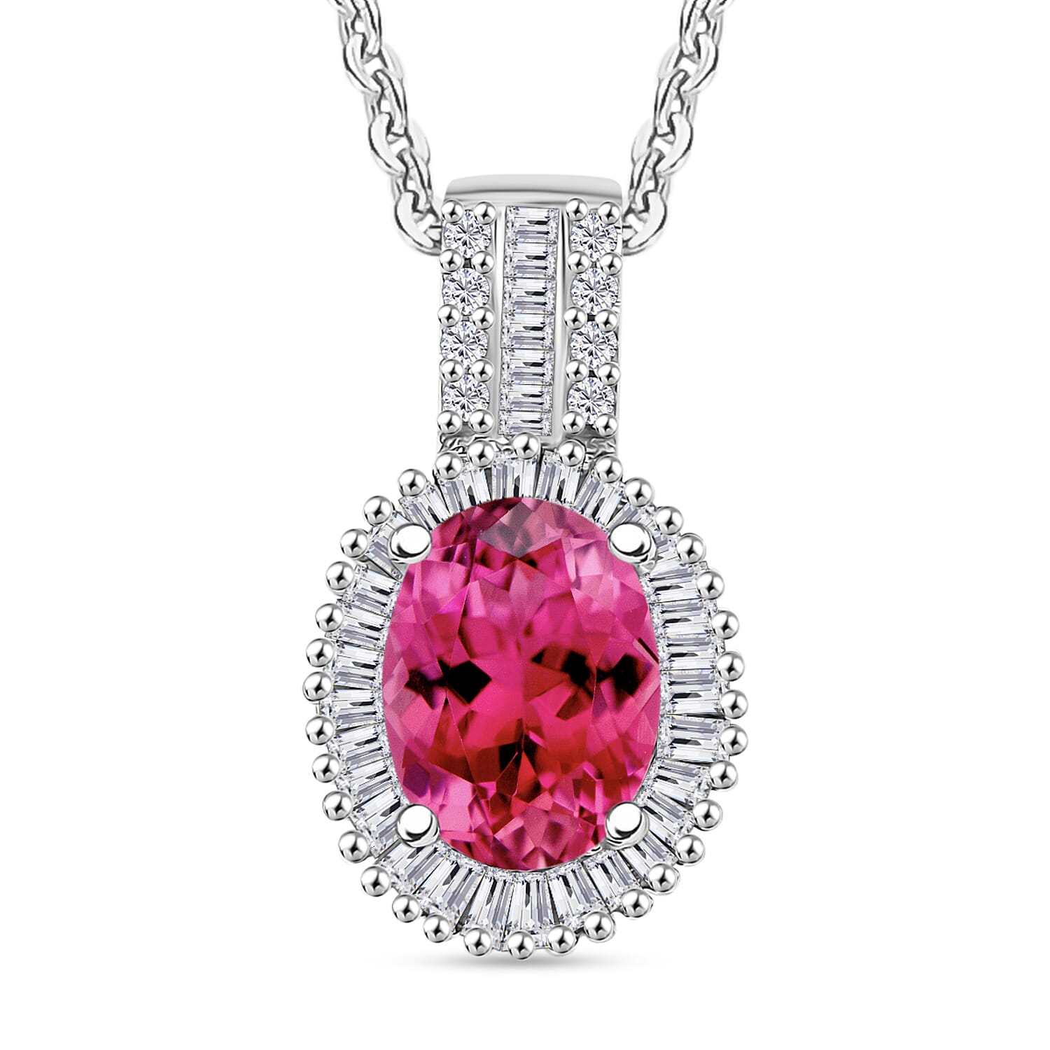 Ouro Fino Rubellite and Diamond Halo Pendant Necklace in Rhodium Over Sterling Silver 20 Inches 1.58 ctw