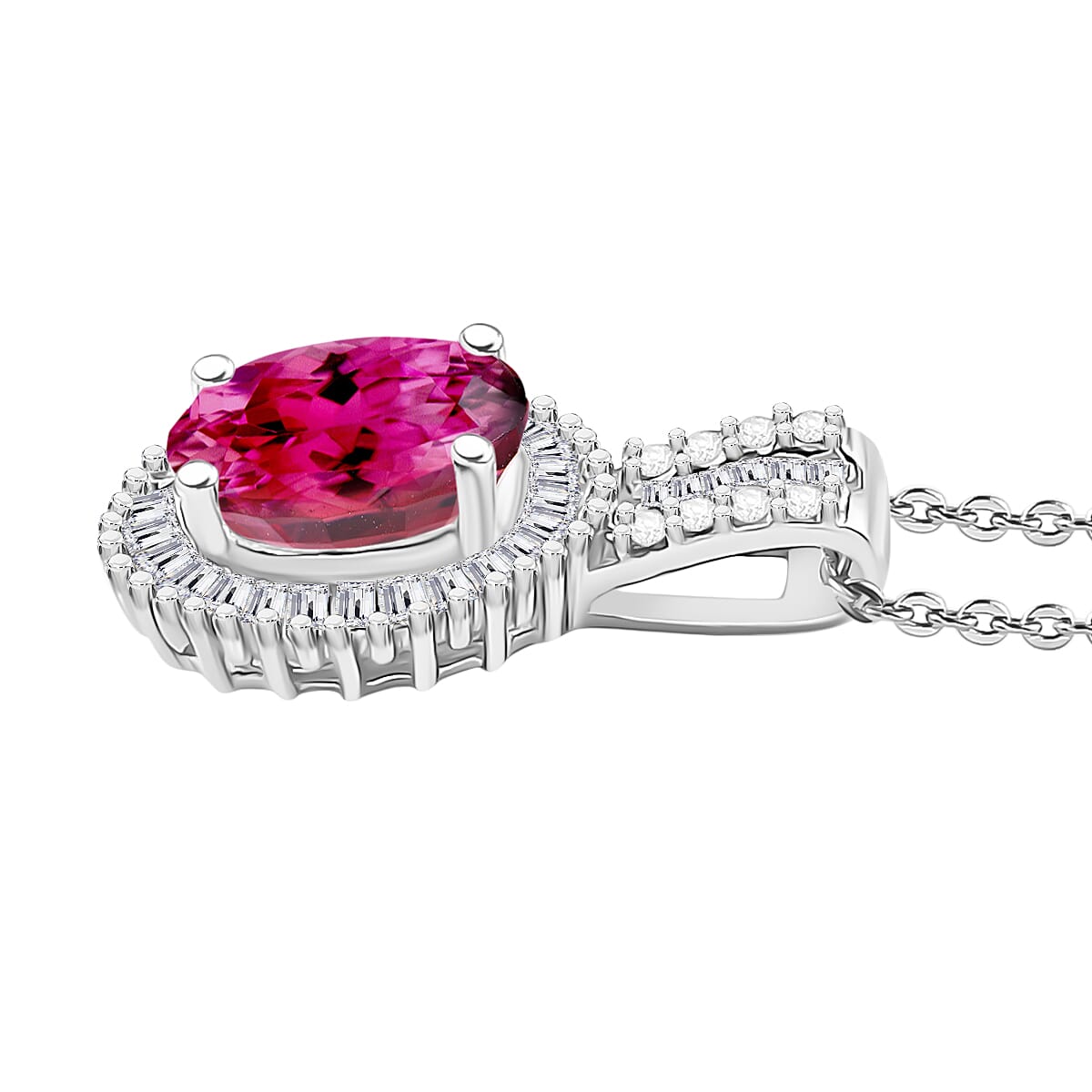 Ouro Fino Rubellite and Diamond Halo Pendant Necklace in Rhodium Over Sterling Silver 20 Inches 1.58 ctw image number 2