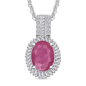 Mozambique Ruby and Diamond Halo Pendant Necklace in Rhodium Over Sterling Silver 20 Inches 1.83 ctw