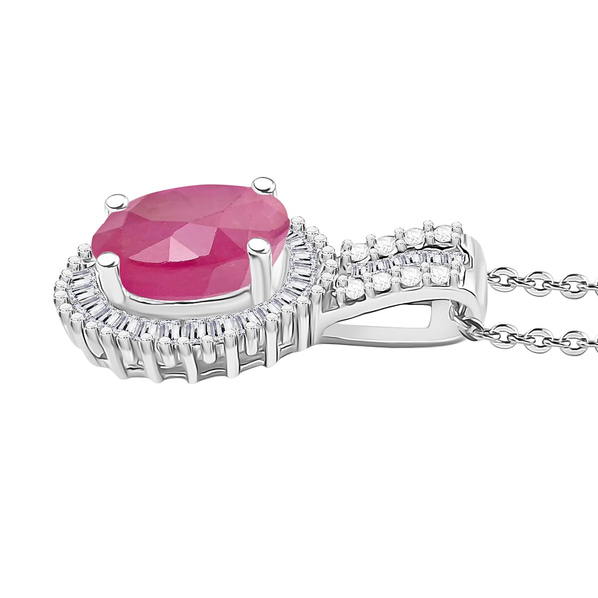 Mozambique Ruby and Diamond Halo Pendant Necklace in Rhodium Over Sterling Silver 20 Inches 1.83 ctw image number 2