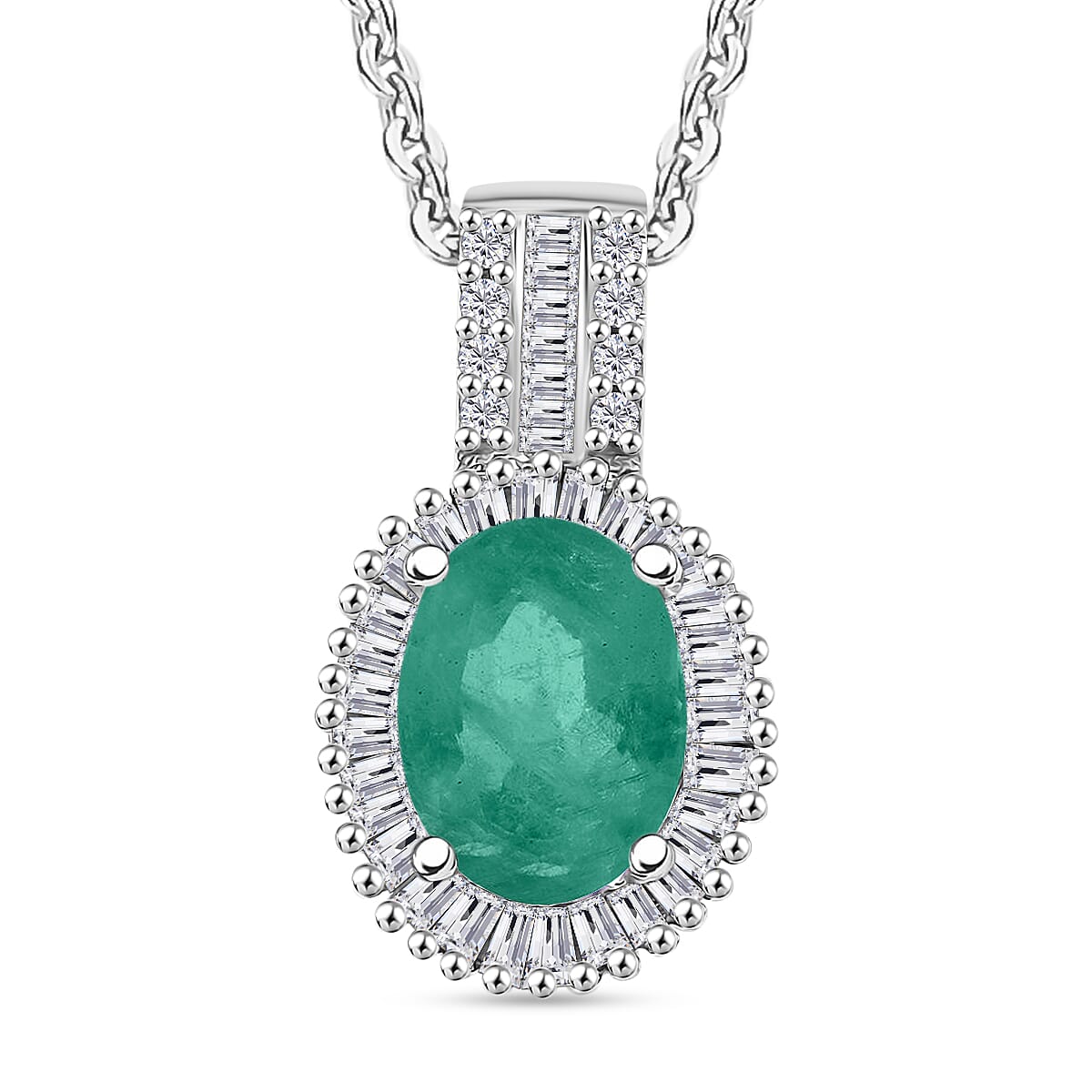 Kagem Zambian Emerald and Diamond Halo Pendant Necklace in Rhodium Over Sterling Silver 20 Inches 1.48 ctw image number 0
