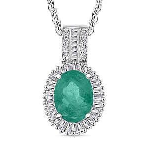Kagem Zambian Emerald and Diamond Halo Pendant Necklace in Rhodium Over Sterling Silver 20 Inches 1.48 ctw