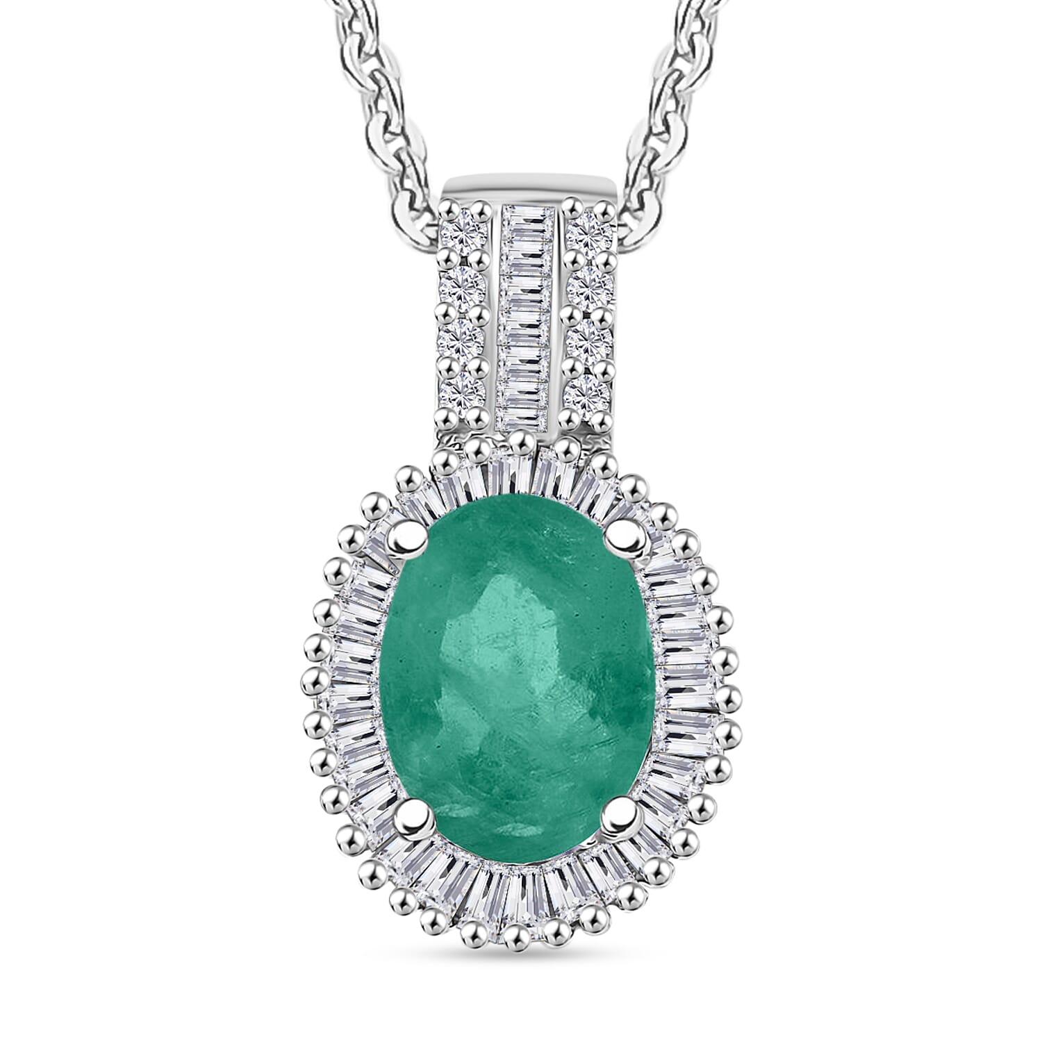 Kagem Zambian Emerald and Diamond Halo Pendant Necklace in Rhodium Over Sterling Silver 20 Inches 1.48 ctw
