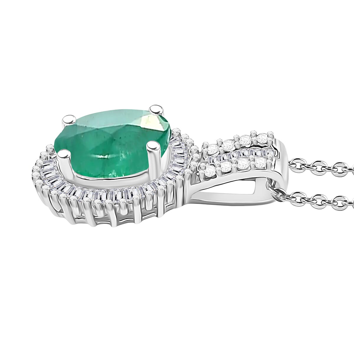 Kagem Zambian Emerald and Diamond Halo Pendant Necklace in Rhodium Over Sterling Silver 20 Inches 1.48 ctw image number 2