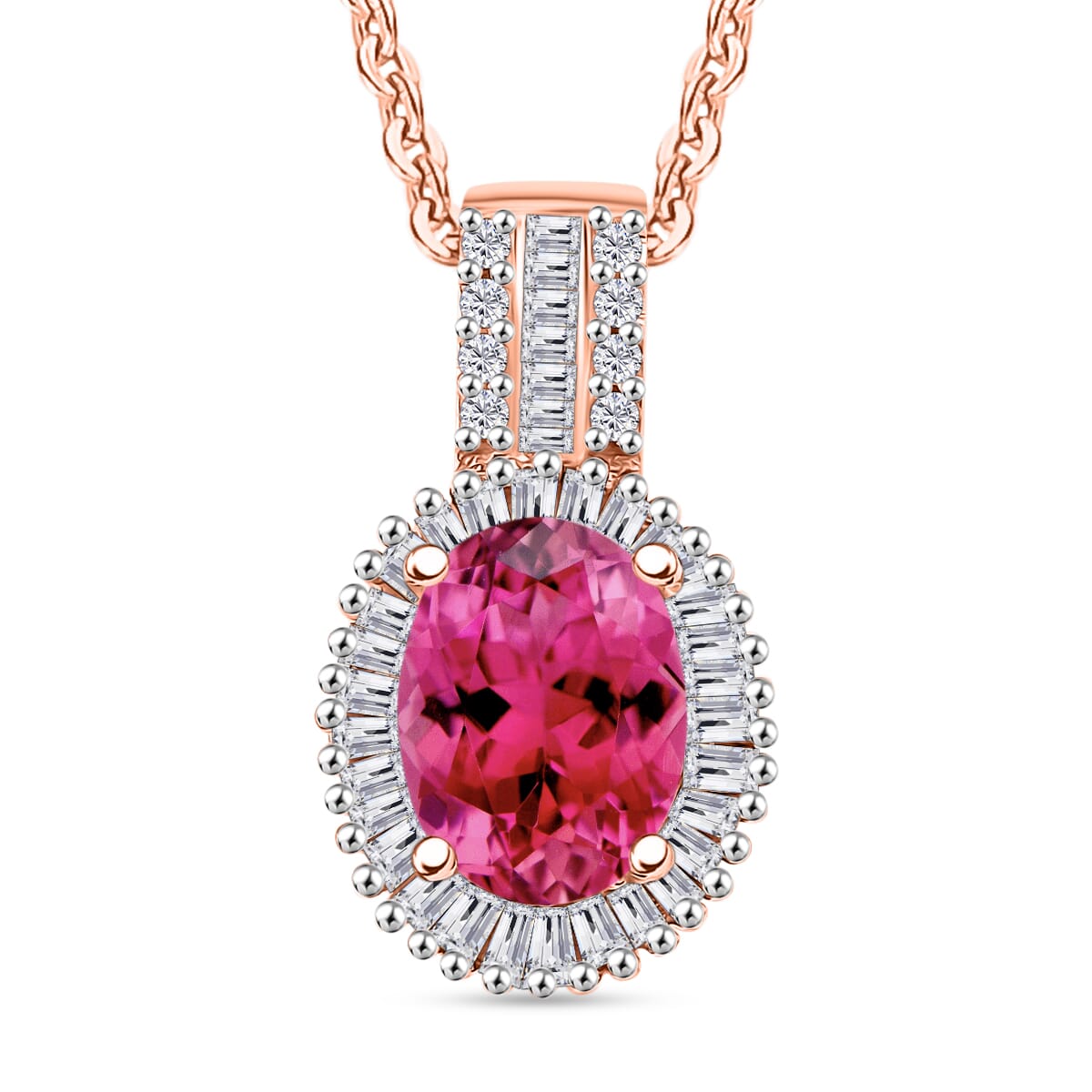Ouro Fino Rubellite and Diamond Halo Pendant Necklace in 18K Vermeil Rose Gold Over Sterling Silver 20 Inches 1.58 ctw image number 0