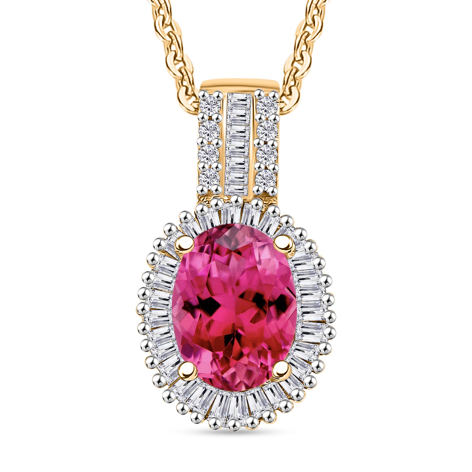 Ouro Fino Rubellite and Diamond Halo Pendant Necklace in 18K Vermeil Yellow Gold Over Sterling Silver 20 Inches 1.58 ctw
