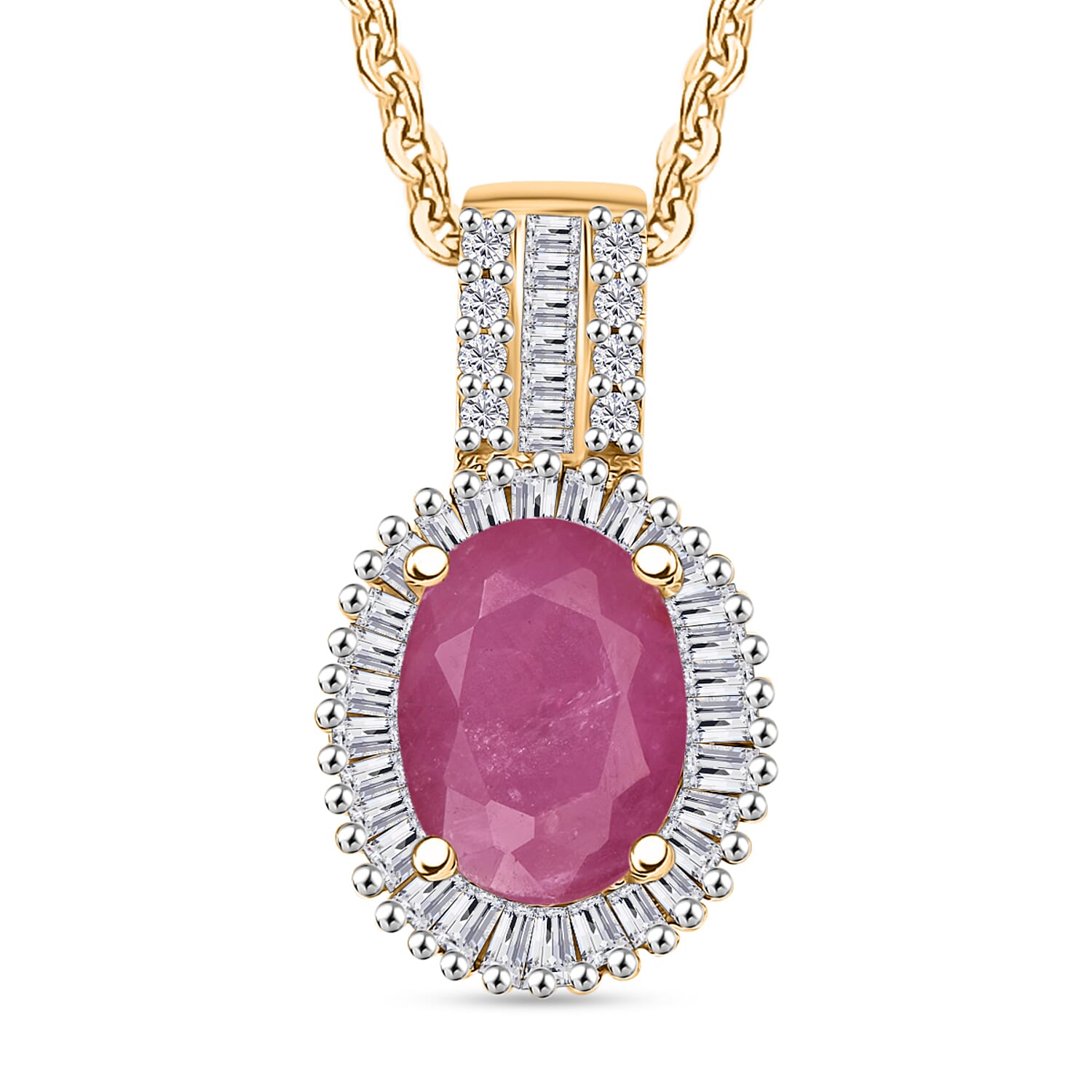 Mozambique Ruby and Diamond Halo Pendant Necklace in 18K Vermeil Yellow Gold Over Sterling Silver 20 Inches 1.83 ctw