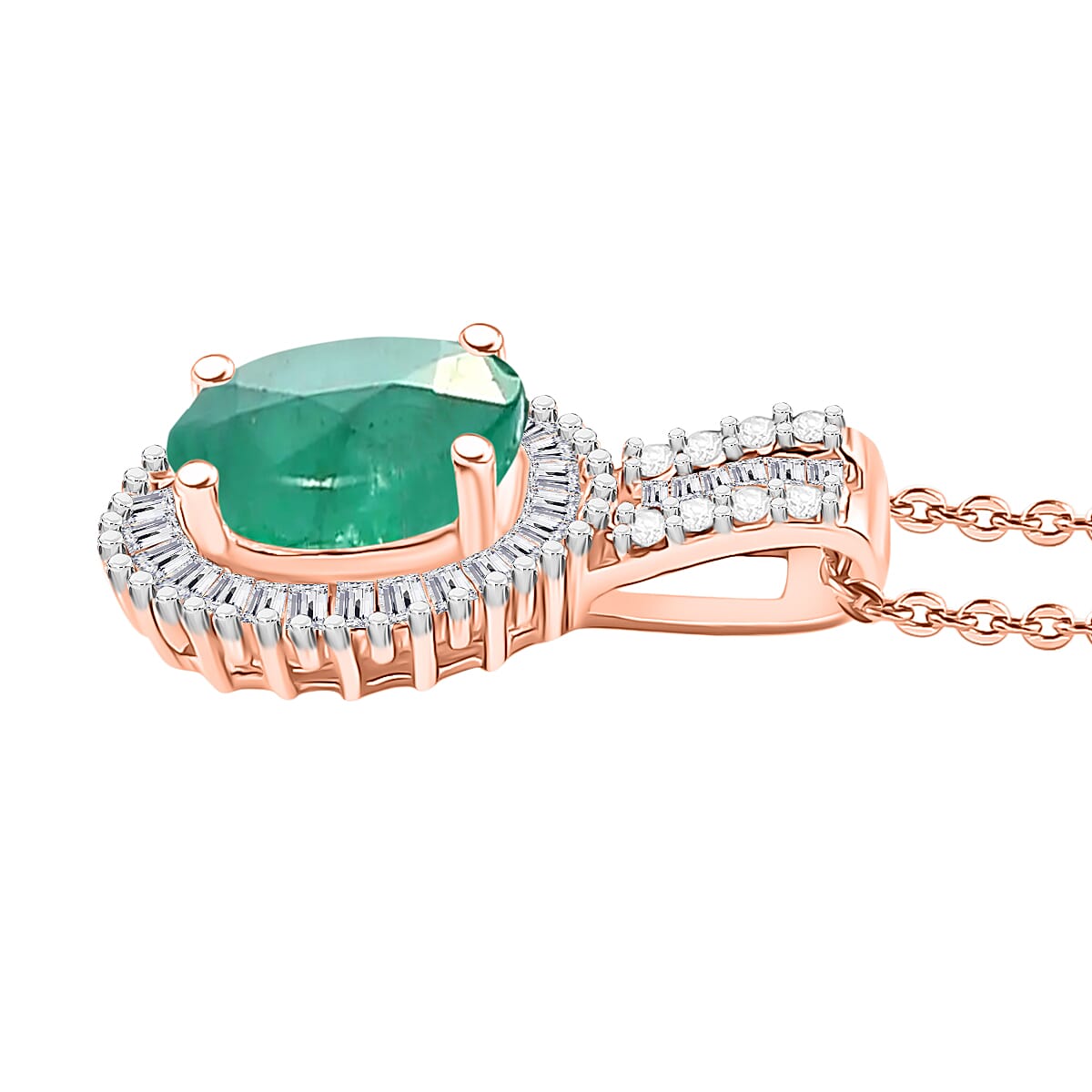 Kagem Zambian Emerald and Diamond Halo Pendant Necklace in 18K Vermeil Rose Gold Over Sterling Silver 20 Inches 1.48 ctw (Del. in 10-12 Days) image number 1